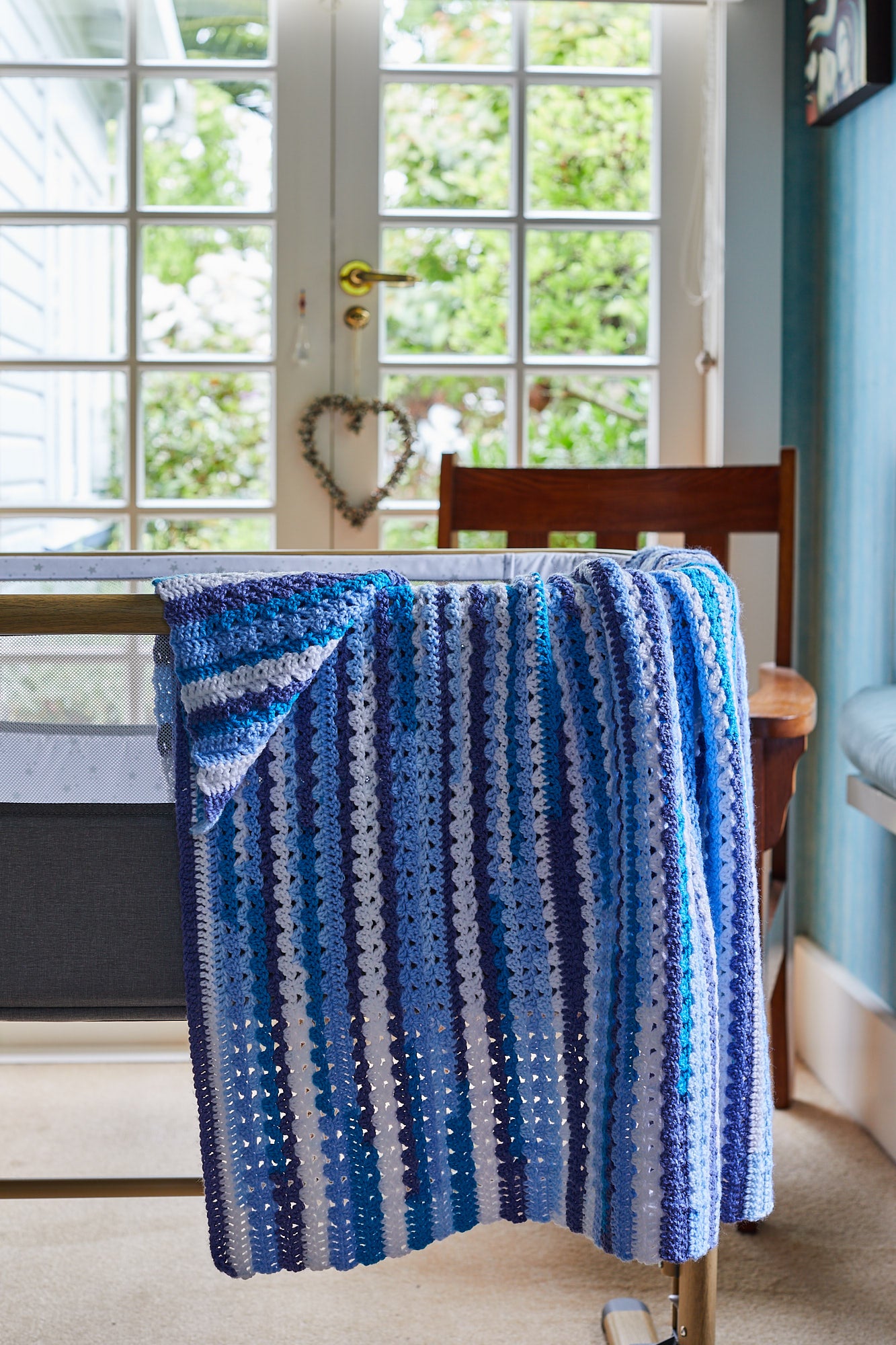 Blue and Cream Striped Crocheted Blanket image 1