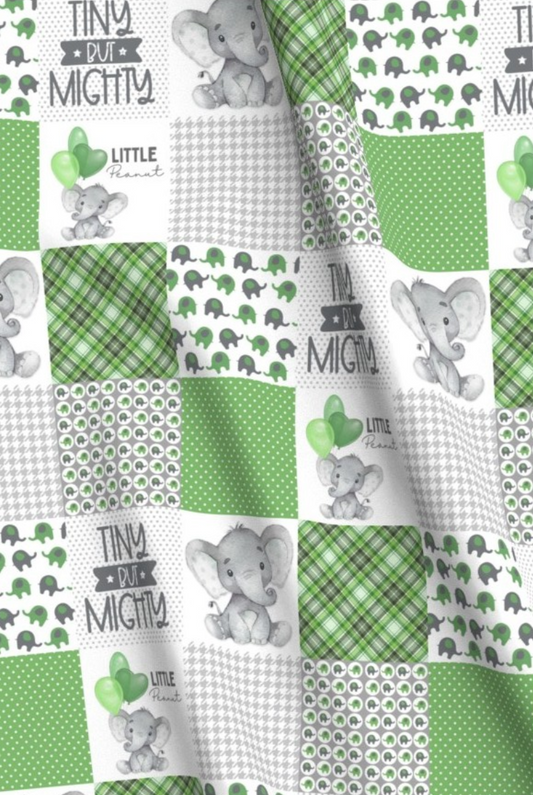 Fabric with green, gray, and white pattern featuring Elephants and text.