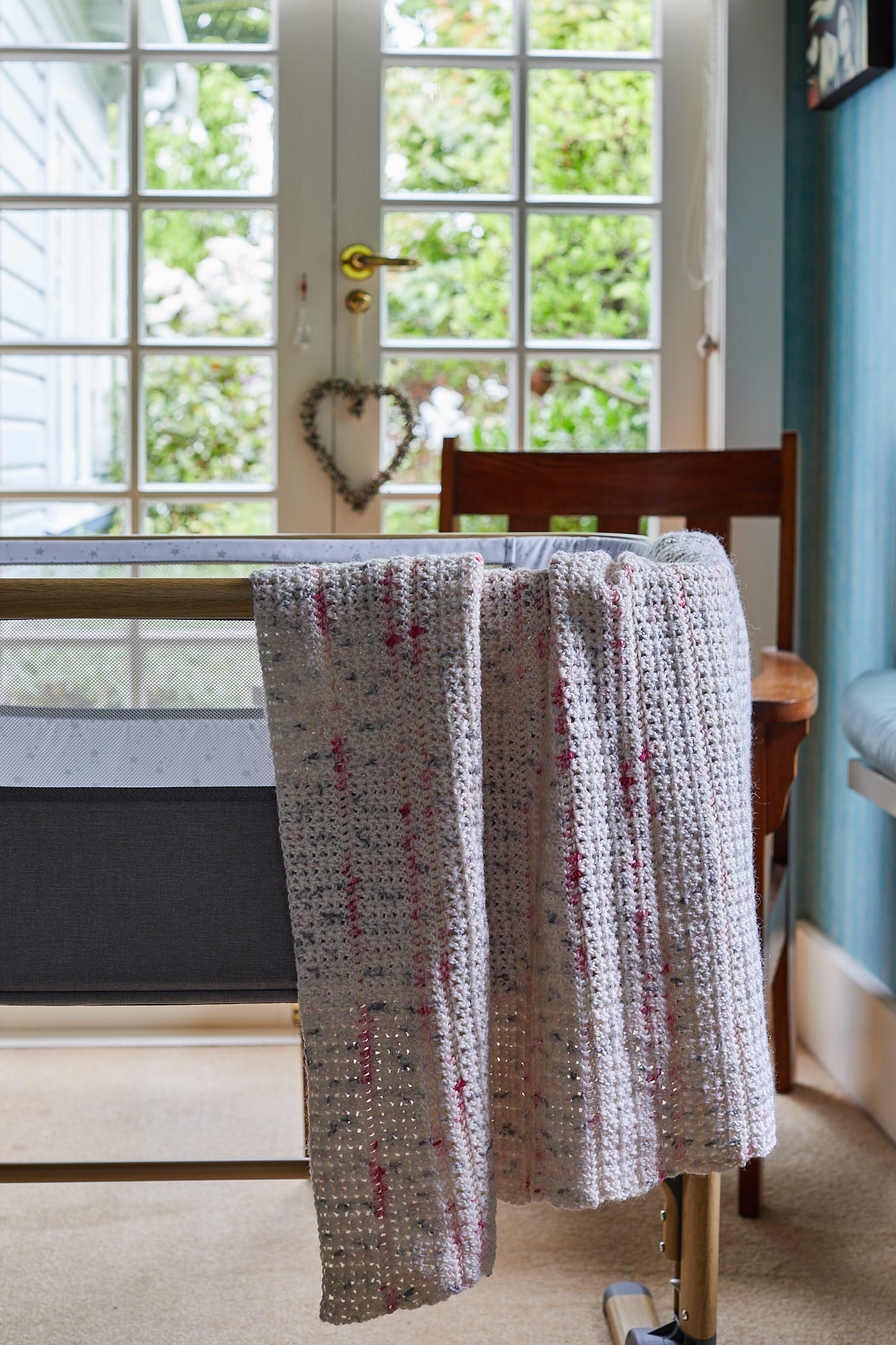 Cream & Pink Wool Crocheted Blanket image 1