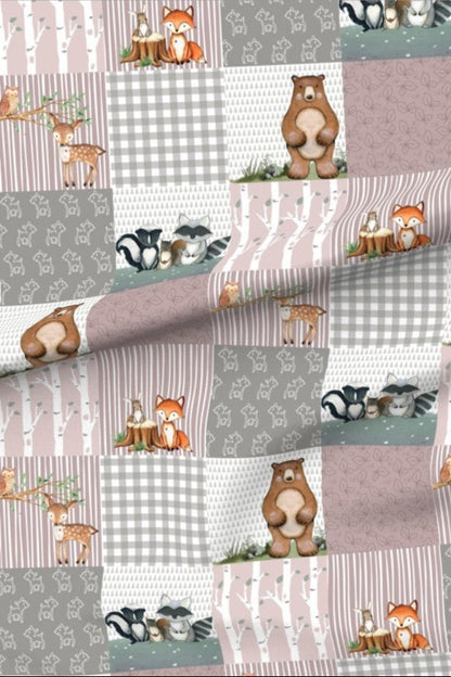 Dainty Deer Woodland Pink minky fabric — patchwork squares of deer, bears, foxes, racoons and birch trees with dusty pink and grey gingham, stripes and leaf panels
