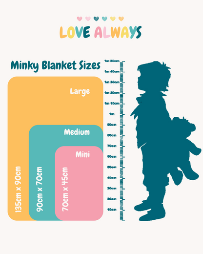 Love Always minky blanket size chart — Large 135 x 90cm, Medium 90 x 70cm, Mini 70 x 45cm, shown beside a toddler for scale