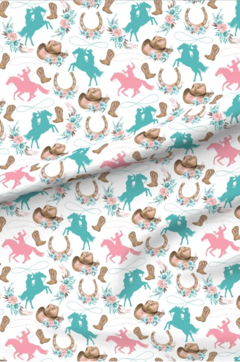Boho Cowgirl Pink and Teal minky fabric — cowgirl boots, horseshoes and horses in pink, teal and tan on white