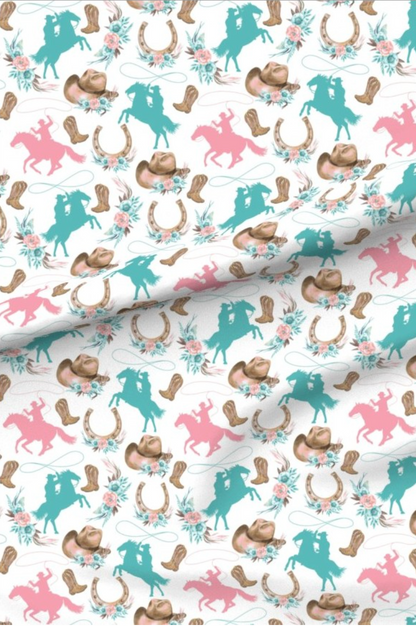 Boho Cowgirl Pink and Teal minky fabric — cowgirl boots, horseshoes and horses in pink, teal and tan on white