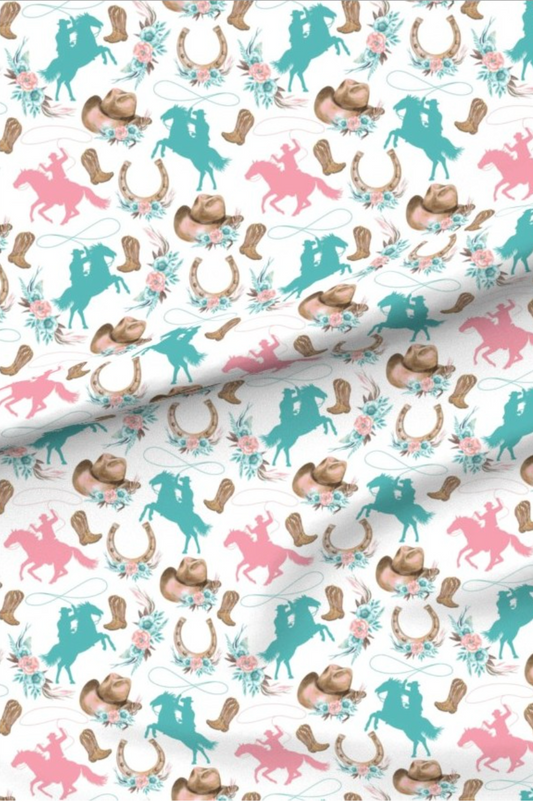 Boho Cowgirl Pink and Teal minky fabric — cowgirl boots, horseshoes and horses in pink, teal and tan on white