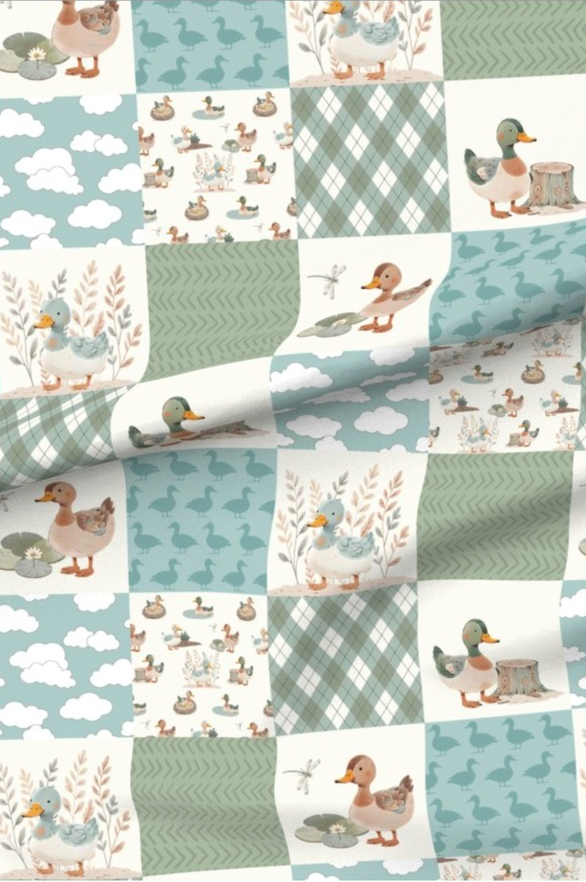 Blue Green Ducks minky fabric — ducks, clouds and gingham in patchwork squares of sage green, blue and cream