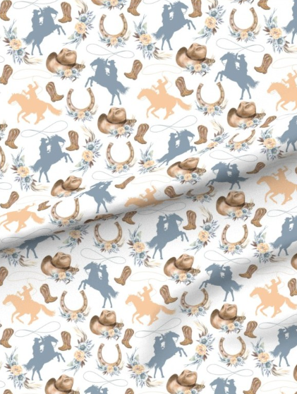 Boho Cowgirl minky fabric — cowgirl boots, horseshoes and horses in warm tan and peach on white