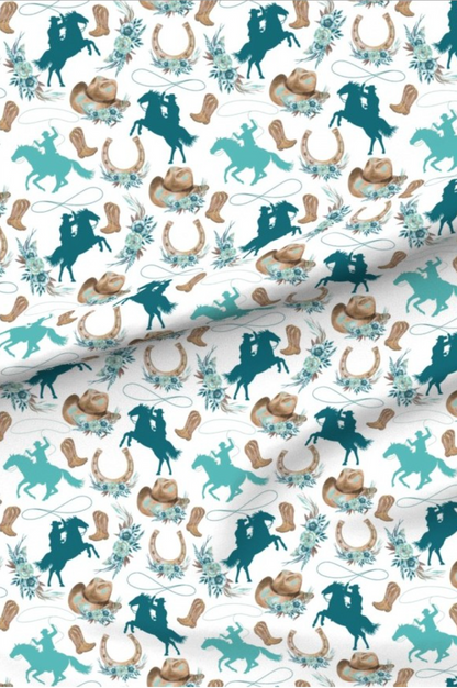 Boho Cowgirl Teal minky fabric — cowgirl boots, horseshoes and horses in teal and tan on white