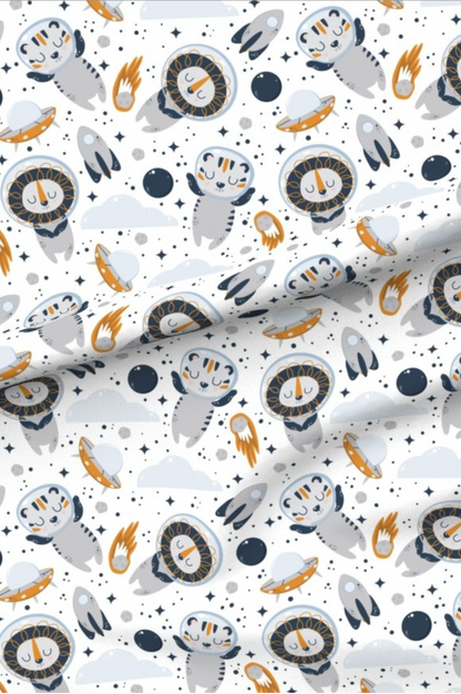 Bear and Lion Spaceman minky fabric — grey bears and lions in astronaut helmets with rockets and stars on white