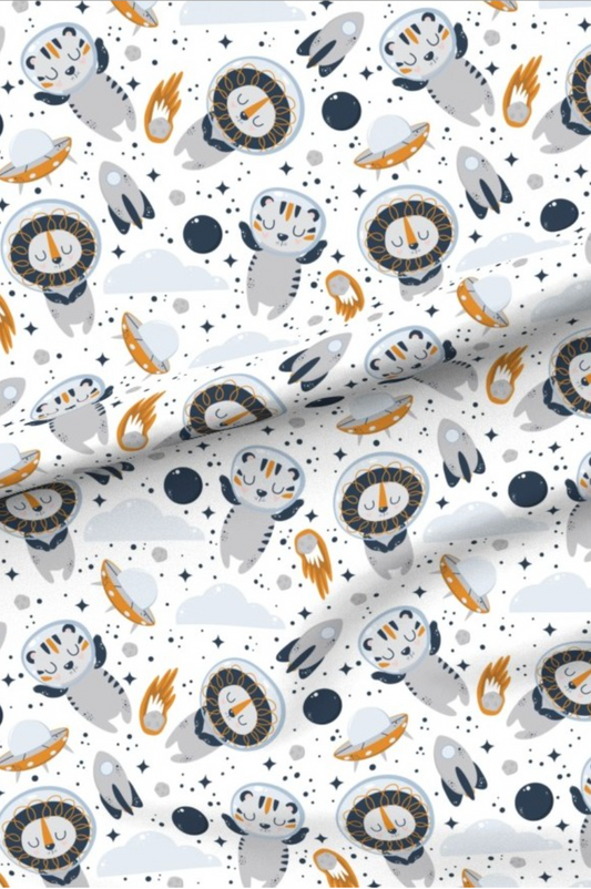 Bear and Lion Spaceman minky fabric — grey bears and lions in astronaut helmets with rockets and stars on white