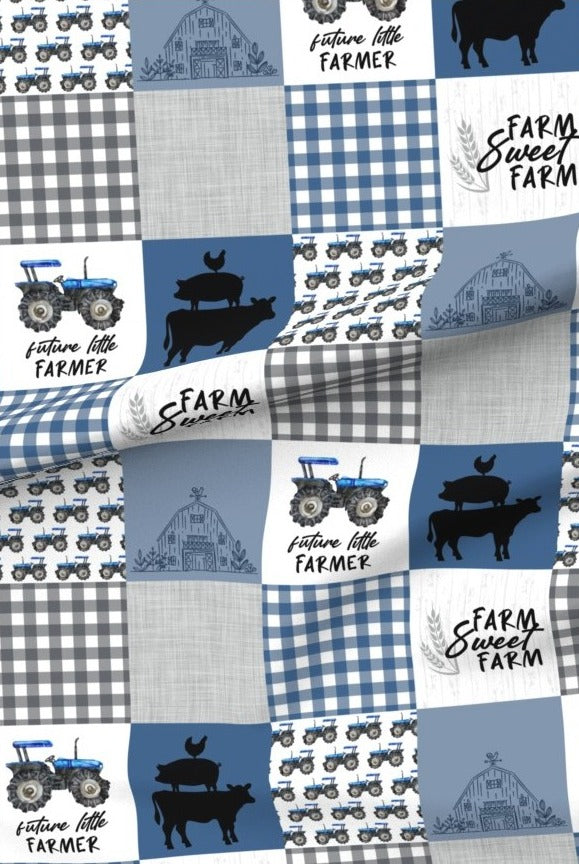 Farm Sweet Farm Blue premium minky fabric — tractors, barns, cows and gingham in patchwork squares of navy and denim blue