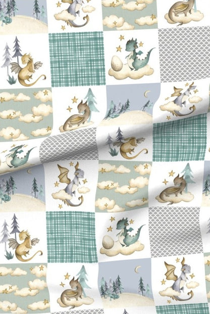 Soft Dragons premium minky fabric — friendly dragons, clouds and pine trees in patchwork squares of sage green and cream