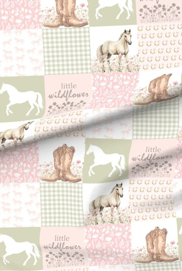 Wildflower Horses premium minky fabric — horses, cowboy boots and wildflowers in patchwork squares of soft sage and blush
